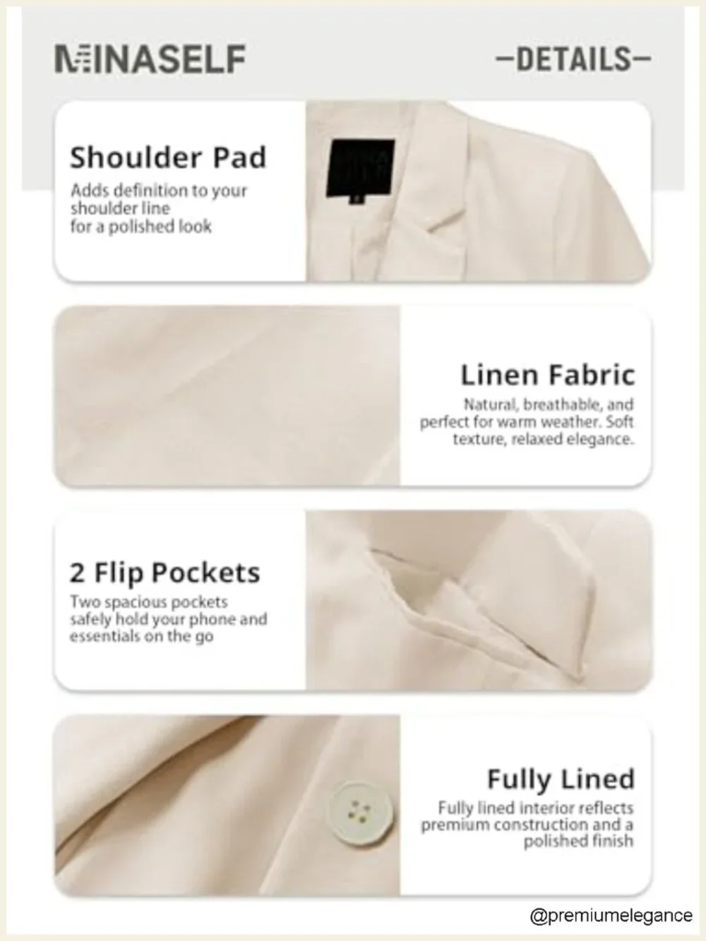Linen-Blend Open-Front Blazer Long Sleeve Notch Collar Lightweight Full-Lined